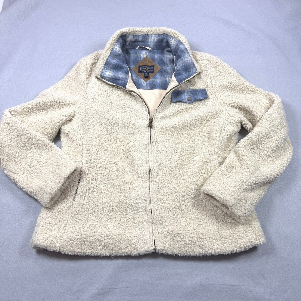 Pendleton Sherpa Fleece Jacket Womens Large Cream Plaid Trim Full Zip P1558
